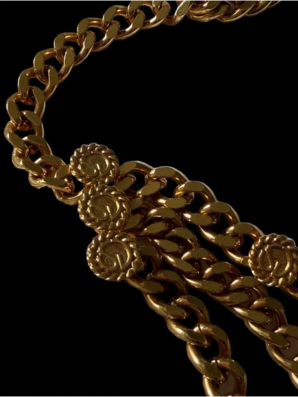 ST JOHN Vintage Gold Plated SJ Logo Chain Link Swag Belt 3 Tier Runway 36” $795